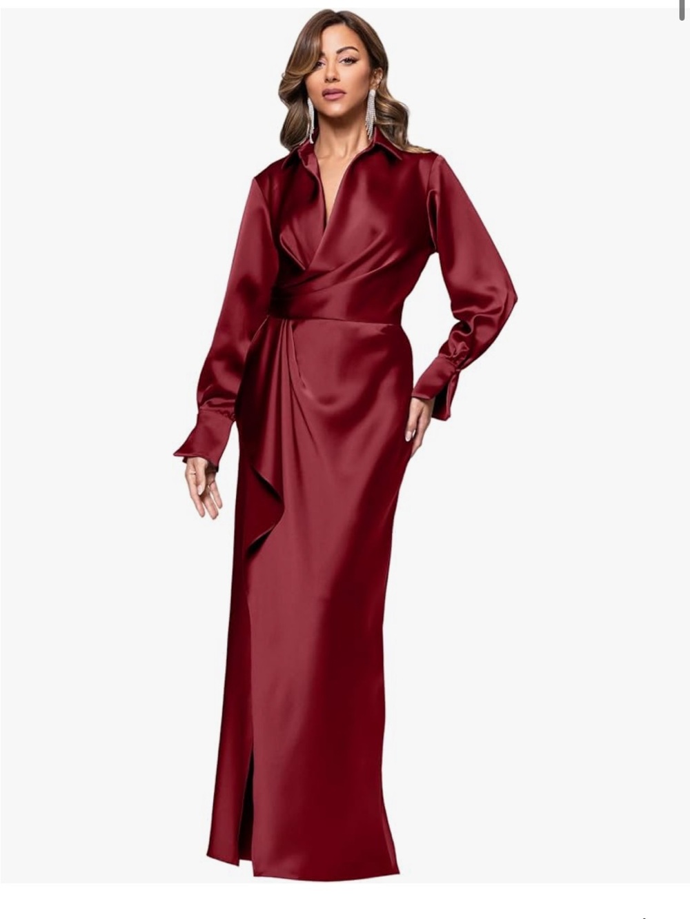 Xscape Evenings Spread Collar Long Sleeve Satin Gown